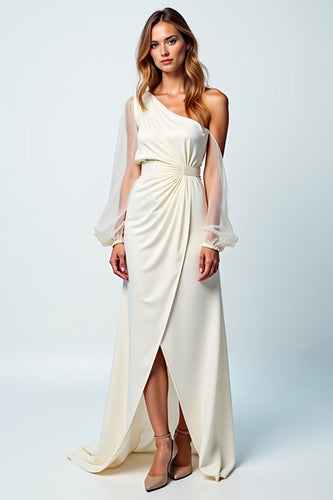 Ivory One Shoulder Crepe Long Graduation Dress with Long Sheer Sleeves