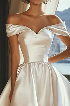 White Off the Shoulder A Line Asymmetrical Satin Graduation Dress