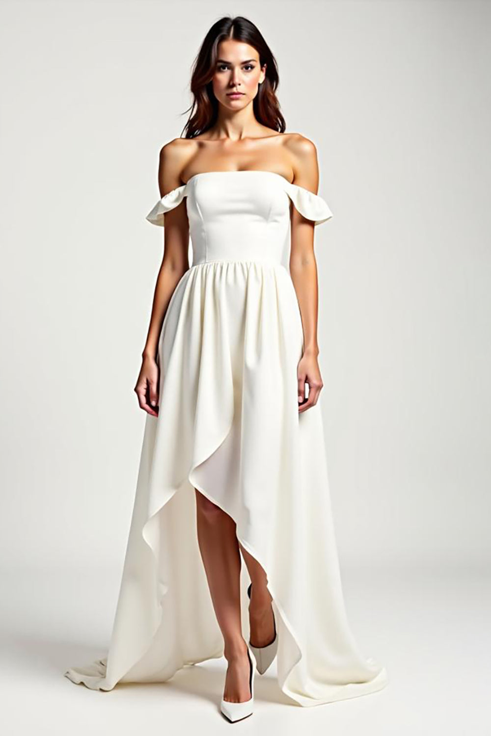 White Off the Shoulder A Line Chiffon High Low Graduation Dress