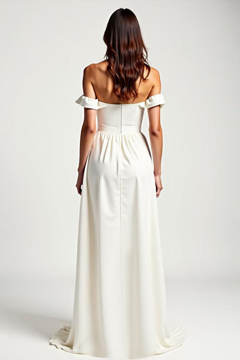 White Off the Shoulder A Line Chiffon High Low Graduation Dress