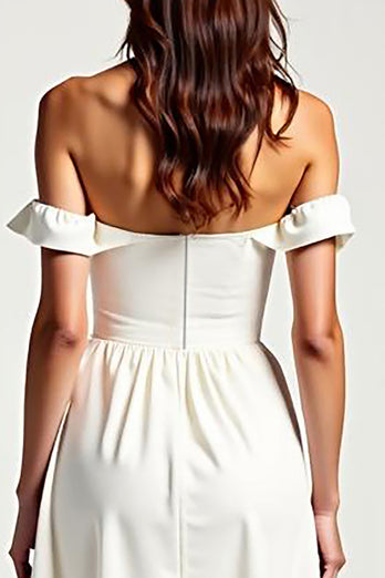 White Off the Shoulder A Line Chiffon High Low Graduation Dress