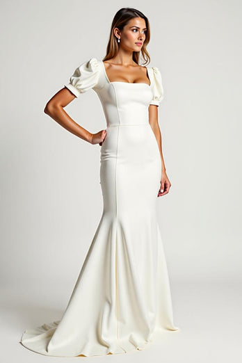 Ivory Square Neck Mermaid Crepe Long Graduation Dress with Puff Sleeves