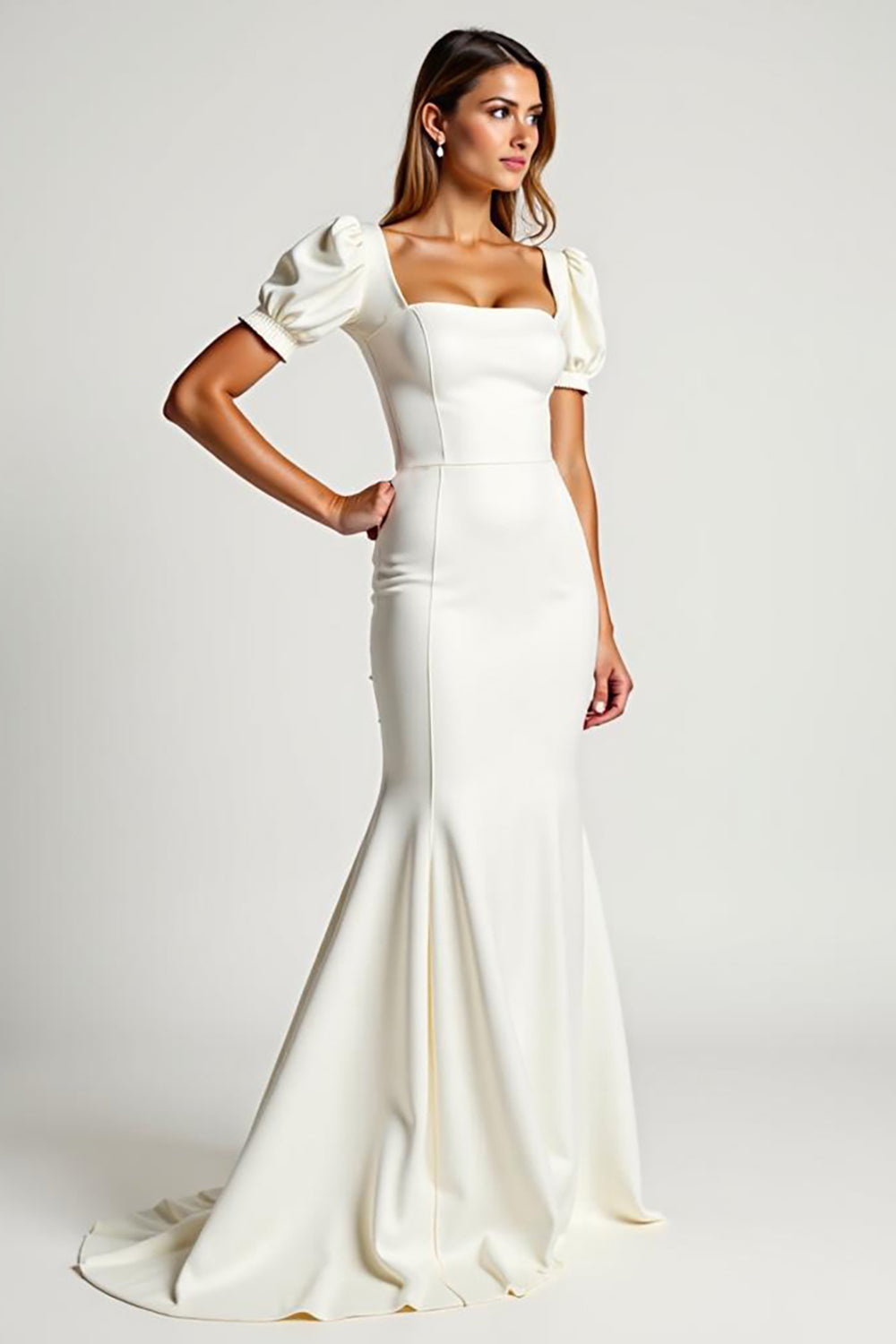 Ivory Square Neck Mermaid Crepe Long Graduation Dress with Puff Sleeves