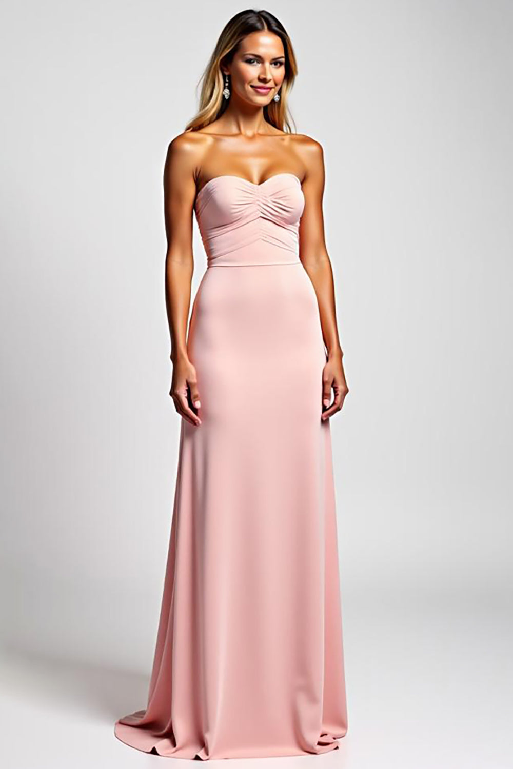 Sheath Pink Strapless Satin Long Bridesmaid Dress