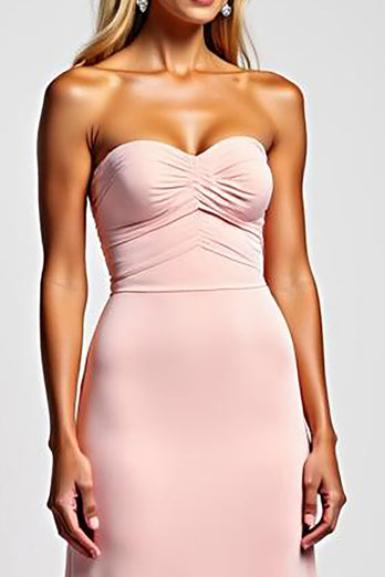 Sheath Pink Strapless Satin Long Bridesmaid Dress