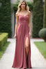 Load image into Gallery viewer, Dusty Rose A Line Ruched Chiffon Long Bridesmaid Dress with Slit