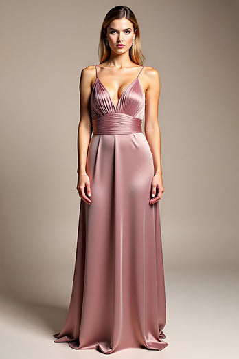 Dusty Rose A Line Ruched Satin Long Bridesmaid Dress