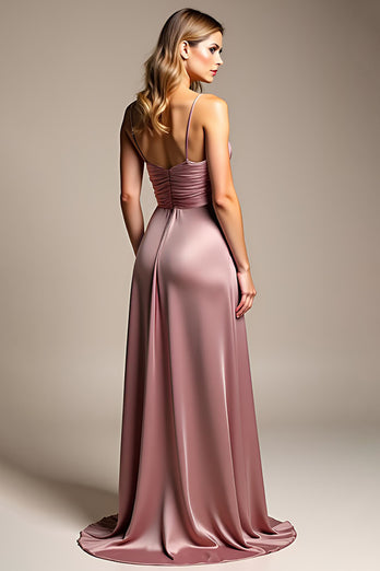 Dusty Rose A Line Ruched Satin Long Bridesmaid Dress