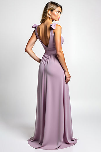 A Line Lilac Backless Chiffon Bowknot Long Bridesmaid Dress with Slit