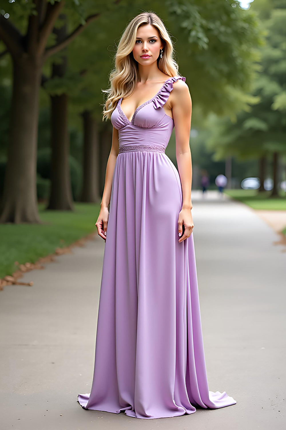 A Line Lilac Backless Chiffon Long Bridesmaid Dress with Ruffles