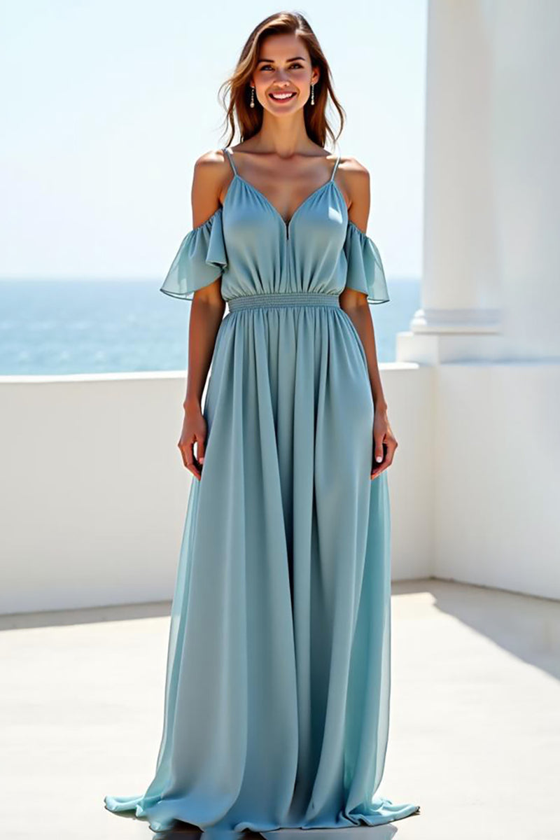 Load image into Gallery viewer, Blue A Line Chiffon Long Bridesmaid Dress with Ruffles