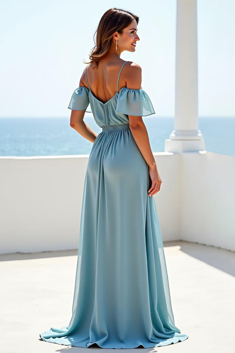 Load image into Gallery viewer, Blue A Line Chiffon Long Bridesmaid Dress with Ruffles