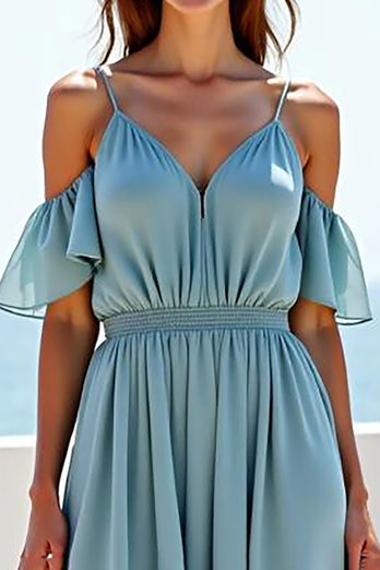 Blue A Line Chiffon Long Bridesmaid Dress with Ruffles