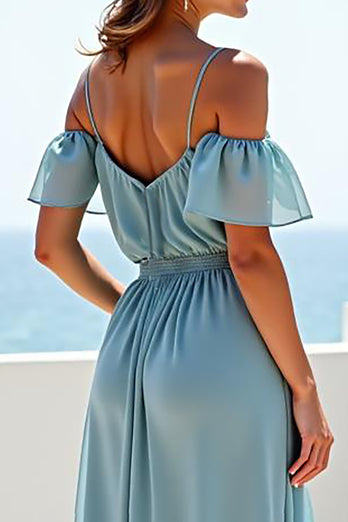 Blue A Line Chiffon Long Bridesmaid Dress with Ruffles