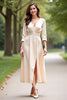 Load image into Gallery viewer, A Line Champagne V-Neck Mother of the Bride Dress with Long Sleeves