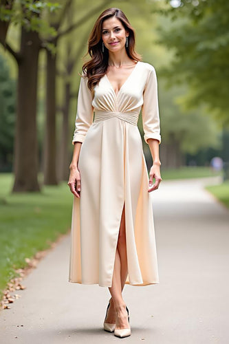 A Line Champagne V-Neck Mother of the Bride Dress with Long Sleeves