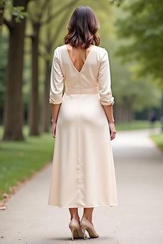 A Line Champagne V-Neck Mother of the Bride Dress with Long Sleeves