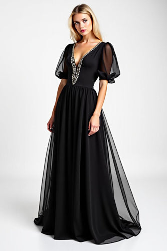 Black Long Chiffon Beaded Mother of the Bride Dress with Puff Sheer Sleeves