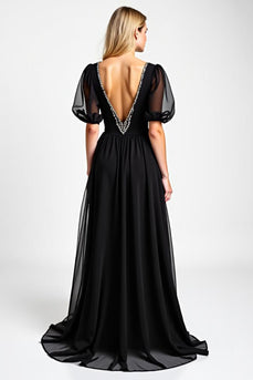 Black Long Chiffon Beaded Mother of the Bride Dress with Puff Sheer Sleeves