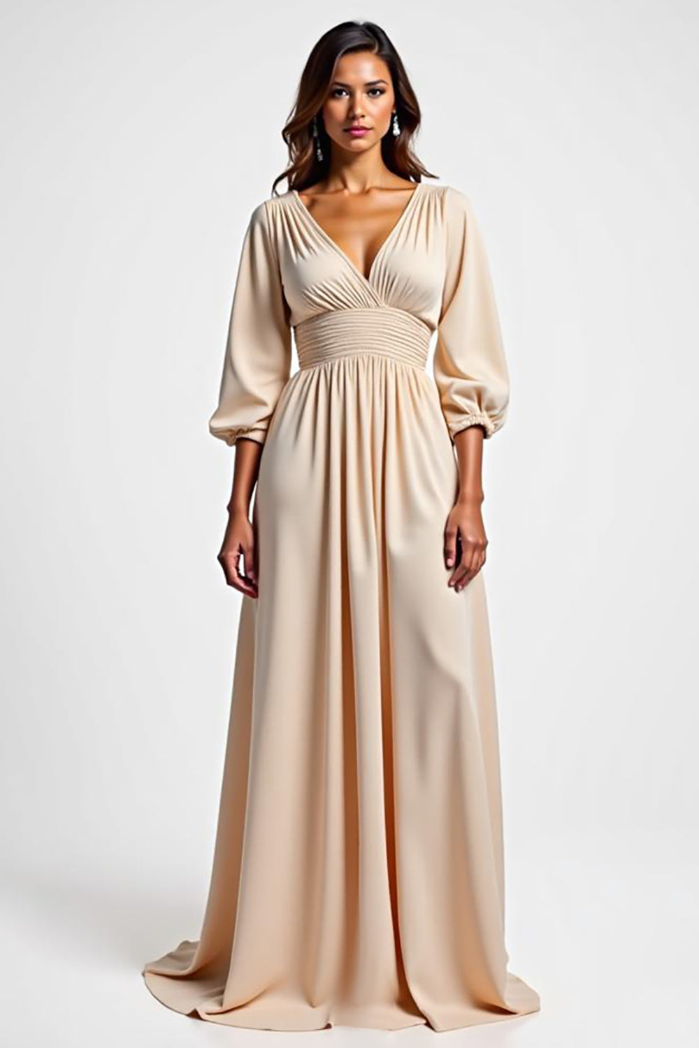 A Line Champagne V-Neck Ruched Long Mother of the Bride Dress