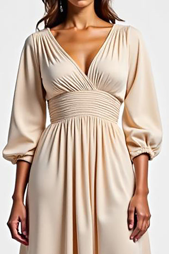 A Line Champagne V-Neck Ruched Long Mother of the Bride Dress