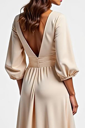 A Line Champagne V-Neck Ruched Long Mother of the Bride Dress