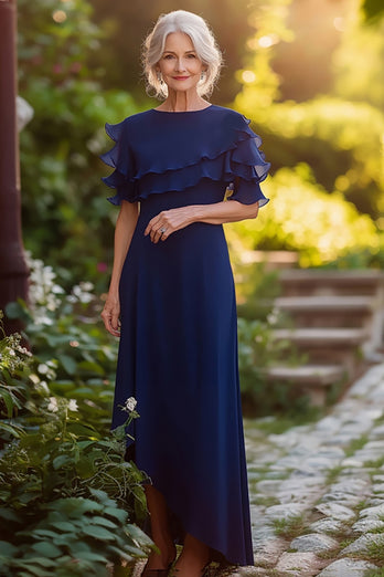 Sheath Chiffon Navy Long Mother of the Bride Dress with Tiered Sleeves