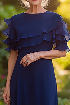 Sheath Chiffon Navy Long Mother of the Bride Dress with Tiered Sleeves