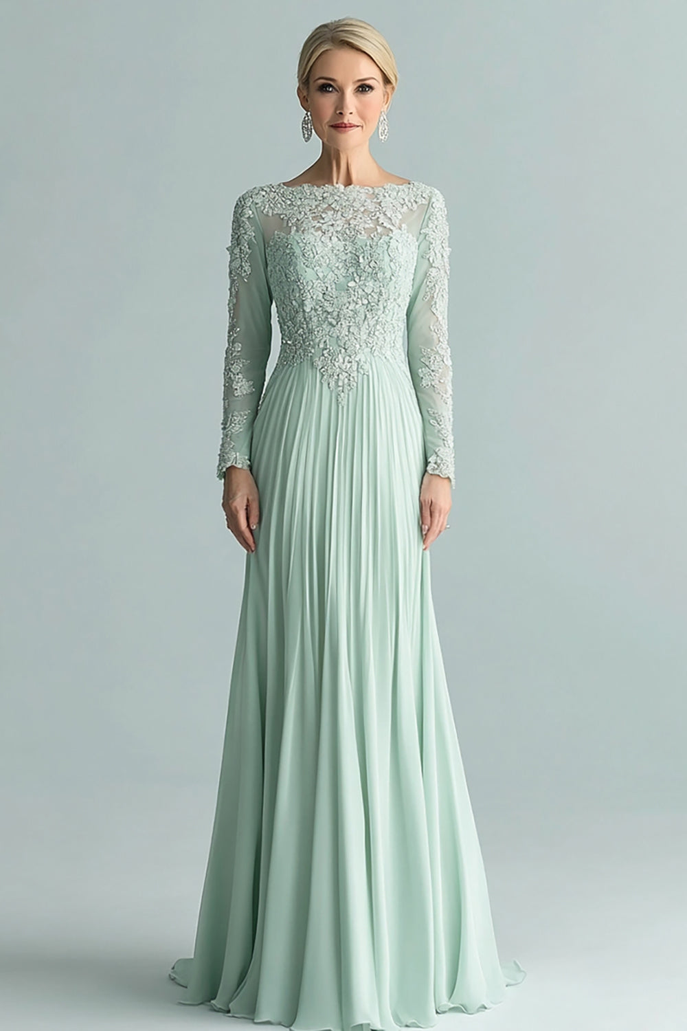 Mint Sheath Chiffon Mother of the Bride Dress with Long Sleeves