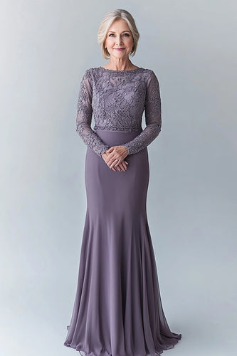 Steel Grey Scoop Chiffon Mother of the Bride Dress with Lace