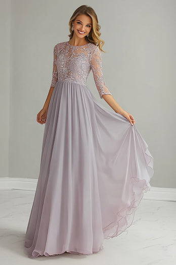 Silver Chiffon Mother of the Bride Dress with 3/4 Sleeves