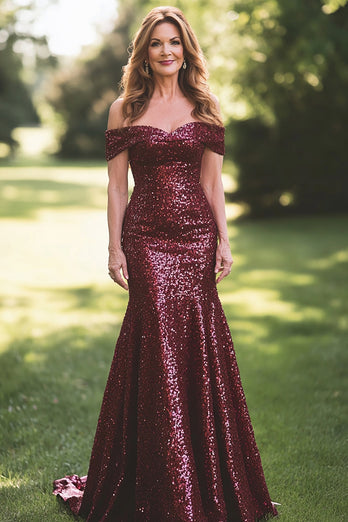 Sparkly Sequin Burgundy Off the Shoulder Mother of the Bride Dress