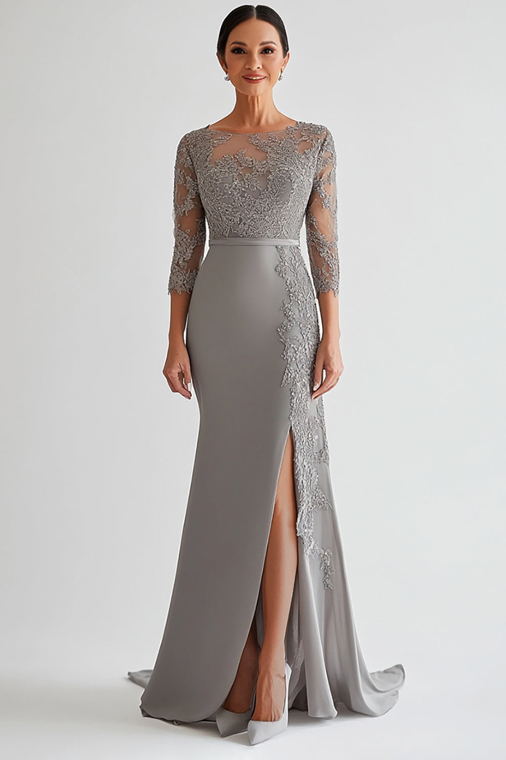 Silver Floral Lace Sheath Mother of the Bride Dress with Slit