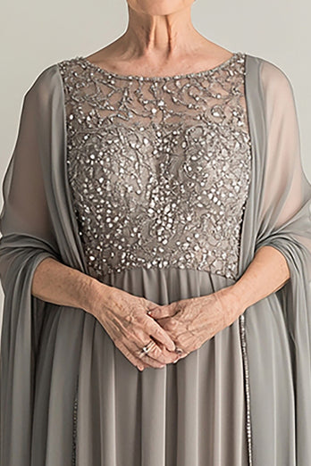 Glitter Silver Pleated Flowy Mother of the Bride Dress