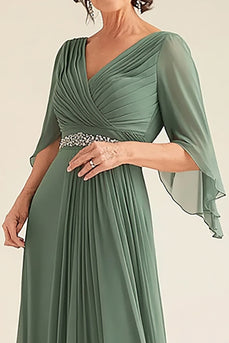 Eucalyptus V-Neck Ruched Mother of the Bride Dress with Beading