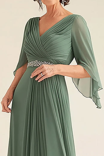 Eucalyptus V-Neck Ruched Mother of the Bride Dress with Beading