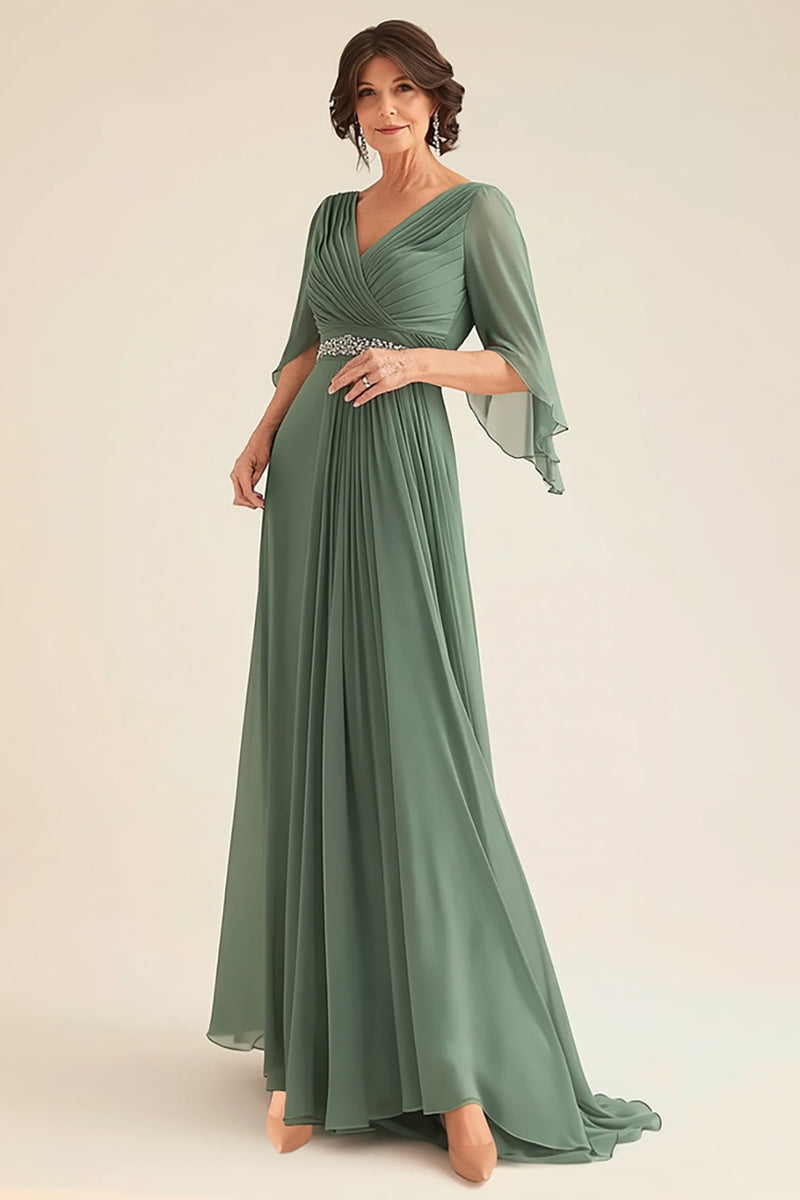 Load image into Gallery viewer, Eucalyptus V-Neck Ruched Mother of the Bride Dress with Beading