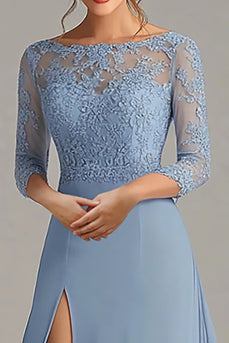 Dusty Blue A Line Lace Appliqued Mother of the Bride Dress with Slit