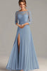 Load image into Gallery viewer, Dusty Blue A Line Lace Appliqued Mother of the Bride Dress with Slit