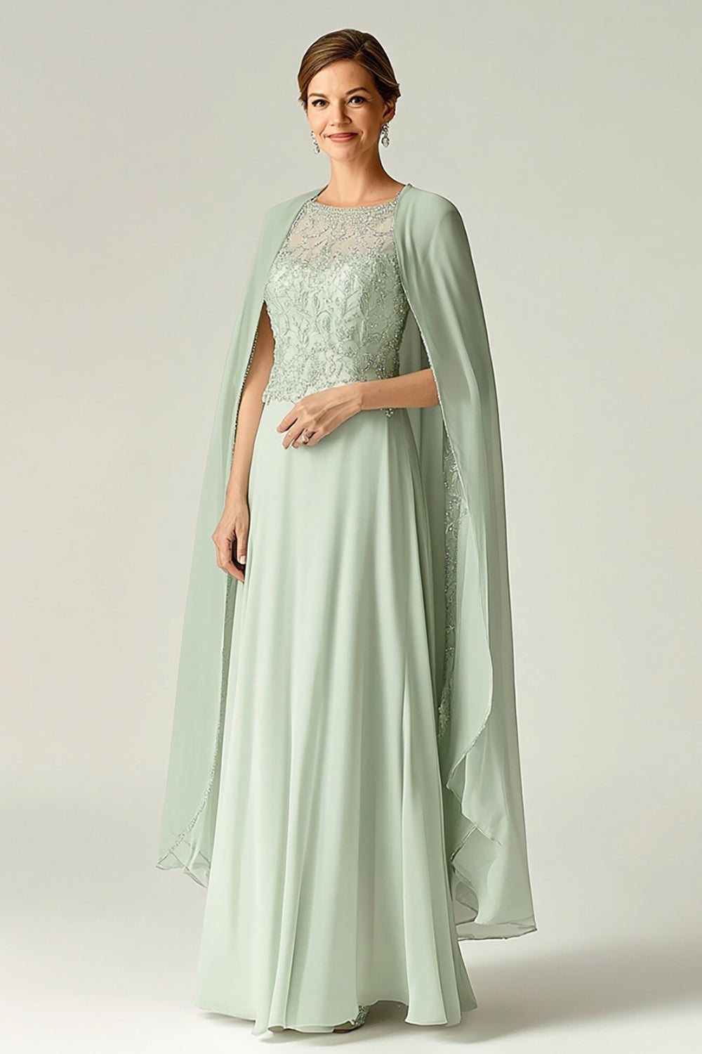 Flowy Mint Scoop Chiffon Mother of the Bride Dress with Lace