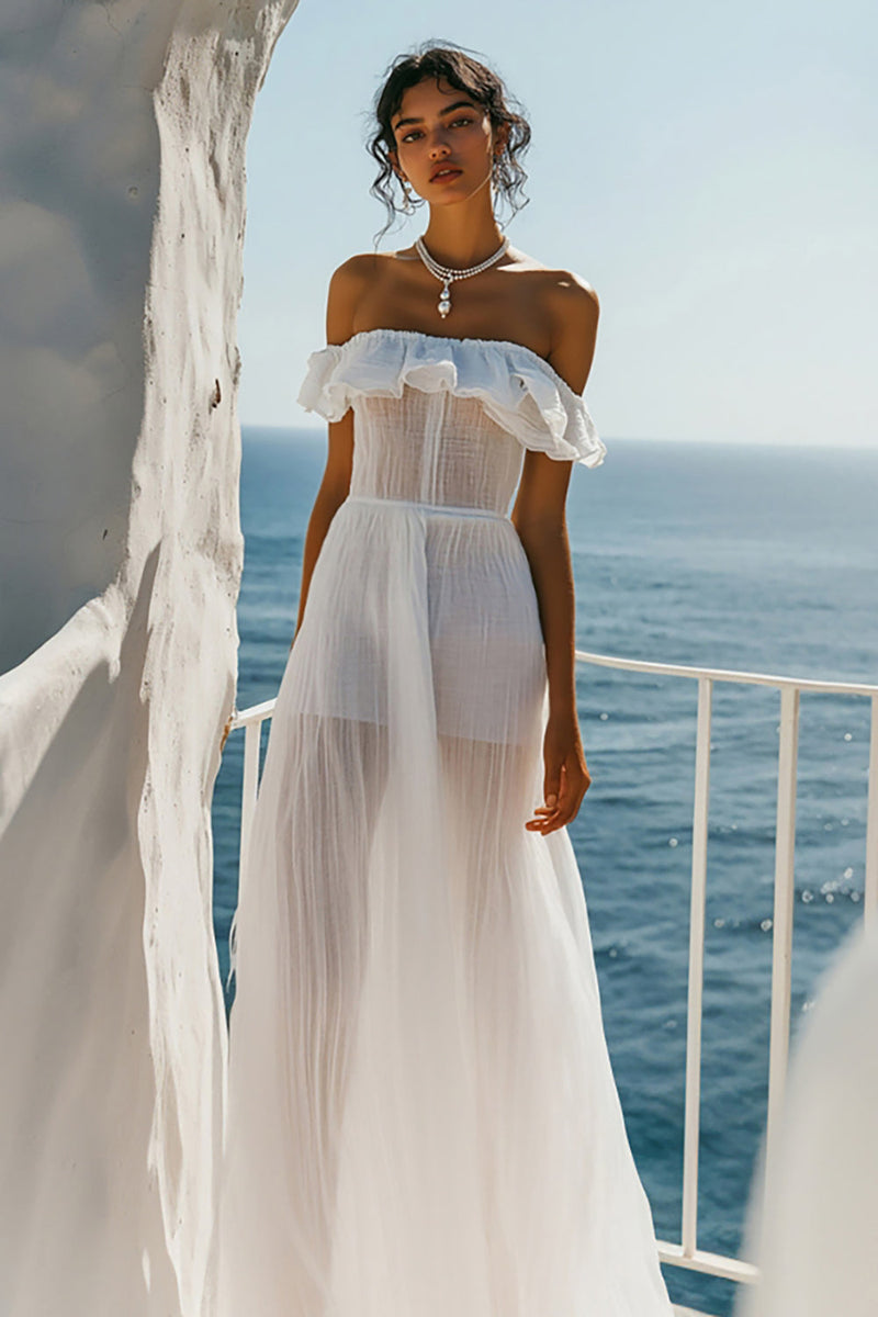 Load image into Gallery viewer, White Sheer Off The Shoulder A Line Graduation Dress