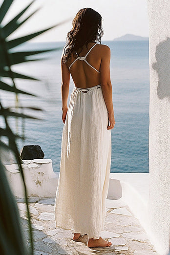 Boho 2-Piece White Sheath Deep V-Neck Graduation Dress