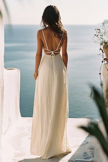 White Deep V-Neck Keyhole Spaghetti Straps Graduation Dress