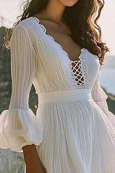 Boho White Lace up Neck Short Graduation Dress with Long Sleeves