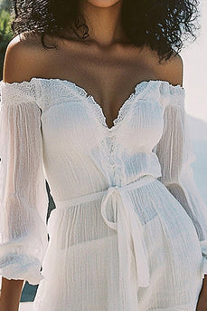 Short Off The Shoulder White Graduation Dress with Long Sleeves