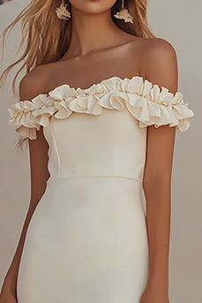 White Off the Shoulder Mermaid Long Graduation Dress with Fuffles