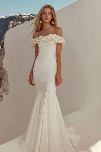 White Off the Shoulder Mermaid Long Graduation Dress with Fuffles