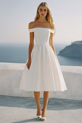 Off the Shoulder A Line Tea Length Graduation Dress