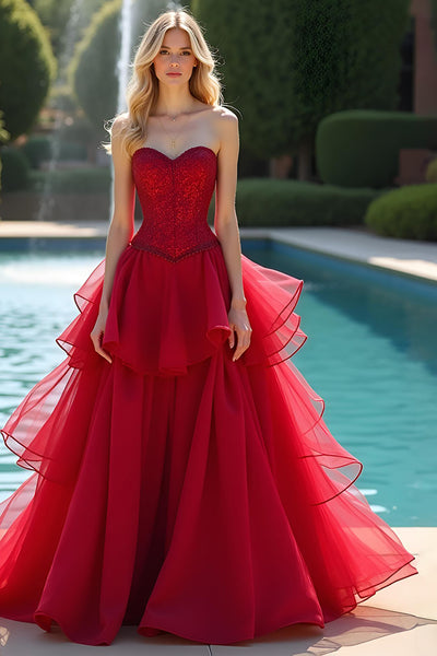 Sparkly Sweetheart Red A Line Tiered Prom Dress with Sequins