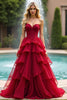 Load image into Gallery viewer, Red A Line Sweetheart Tiered Prom Dress with Embroidery